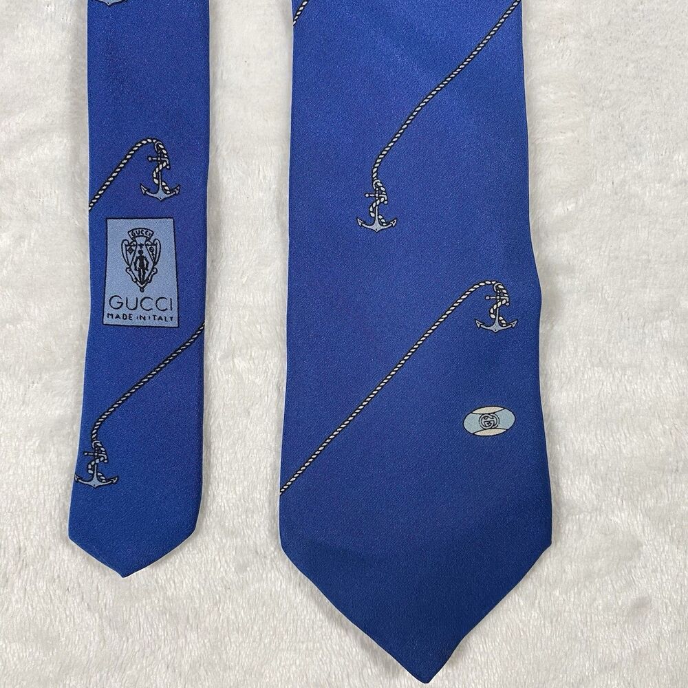 Vtg Gucci Silk Tie Blue Nautical Anchor Logo Made in Italy Designer Old Money